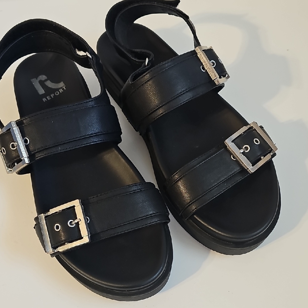 Report Black Sandals with Silver Accents